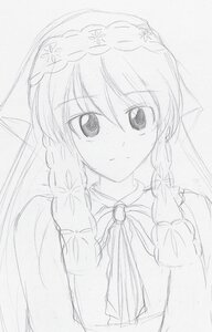 Rating: Safe Score: 0 Tags: 1girl auto_tagged braid eyebrows_visible_through_hair greyscale image long_hair looking_at_viewer monochrome neck_ribbon ribbon sketch solo suiseiseki twin_braids upper_body User: admin