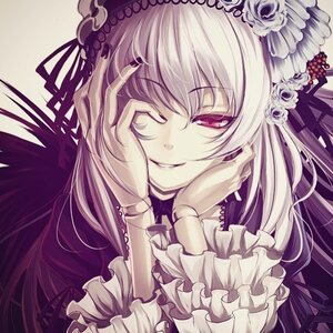 Rating: Safe Score: 0 Tags: 1girl dress flower frills hands_on_own_cheeks hands_on_own_face long_hair rose smile solo suigintou User: admin