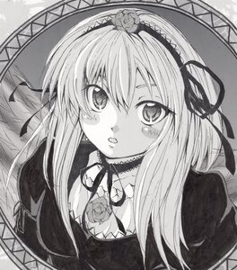 Rating: Safe Score: 3 Tags: 1girl blush choker flower frills gothic_lolita greyscale hairband image lolita_fashion lolita_hairband long_hair looking_at_viewer millipen_(medium) monochrome ribbon rose shikishi solo suigintou traditional_media User: admin