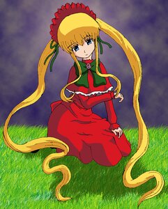 Rating: Safe Score: 0 Tags: 1girl blonde_hair blue_eyes bonnet bow bowtie capelet dress full_body grass green_bow green_neckwear image long_hair long_sleeves looking_at_viewer red_dress shinku sidelocks sitting solo twintails very_long_hair User: admin
