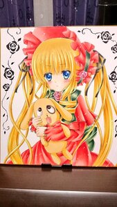 Rating: Safe Score: 0 Tags: 1girl blonde_hair blue_eyes blush bonnet bow dress flower image long_hair marker_(medium) red_dress red_flower rose shinku solo traditional_media twintails User: admin