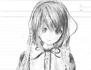 Rating: Safe Score: 0 Tags: 1girl bangs blush graphite_(medium) greyscale image looking_at_viewer monochrome rain ribbon short_hair smile solo suiseiseki traditional_media upper_body User: admin