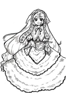 Rating: Safe Score: 0 Tags: 1girl :d basket blush dress greyscale head_scarf image long_hair long_sleeves looking_at_viewer monochrome open_mouth ribbon simple_background smile solo suiseiseki very_long_hair white_background User: admin