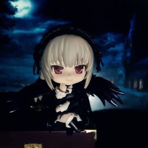 Rating: Safe Score: 0 Tags: 1girl black_dress blonde_hair chibi doll dress floating flying frills hairband long_hair long_sleeves looking_at_viewer moon night night_sky outdoors red_eyes sitting sky solo suigintou wings User: admin