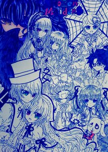 Rating: Safe Score: 0 Tags: 6+girls blue_theme bow closed_eyes dress frills glasses hat image monochrome multiple multiple_girls short_hair smile souseiseki tagme top_hat umbrella wings User: admin