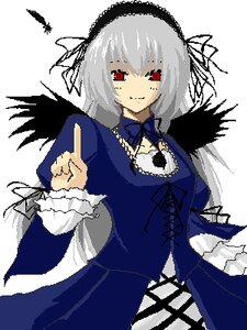 Rating: Safe Score: 0 Tags: 1girl blue_dress breasts dress feathers frilled_sleeves frills hane_(hanegoya) image index_finger_raised long_hair long_sleeves looking_at_viewer lowres medium_breasts pointing red_eyes ribbon rose rozen_maiden silver_hair simple_background smile solo suigintou upper_body white_background wings User: admin