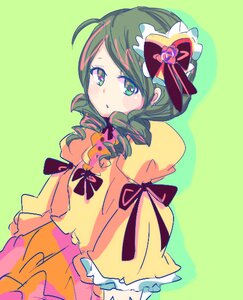 Rating: Safe Score: 0 Tags: 1girl bow dress frills green_background green_eyes green_hair heart image kanaria looking_at_viewer ribbon simple_background solo symbol-shaped_pupils User: admin
