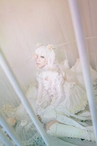 Rating: Safe Score: 0 Tags: 1girl bangs cage dress flower frilled_dress frills hair_ornament kirakishou lips long_hair sitting solo thighhighs white_dress white_hair User: admin