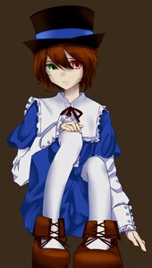 Rating: Safe Score: 0 Tags: 1girl blue_dress boots brown_hair capelet dress full_body green_eyes hat heterochromia image long_sleeves looking_at_viewer pantyhose red_eyes ribbon short_hair simple_background sitting solo souseiseki top_hat User: admin