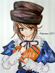 Rating: Safe Score: 0 Tags: 1girl bow brown_hair dress frills green_eyes hat heterochromia holding image long_sleeves looking_at_viewer red_eyes short_hair solo souseiseki traditional_media upper_body User: admin
