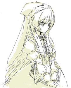 Rating: Safe Score: 0 Tags: 1girl artist_request bangs closed_mouth cup dress eyebrows_visible_through_hair frills hat holding image juliet_sleeves long_hair long_sleeves monochrome puffy_sleeves ribbon rozen_maiden simple_background sketch solo suiseiseki very_long_hair white_background yellow_theme User: admin