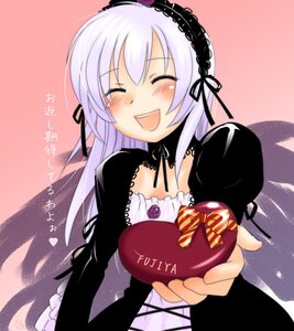 Rating: Safe Score: 0 Tags: 1girl artist_request black_wings blush box closed_eyes dress frills gift hairband heart heart-shaped_box holding holding_gift image incoming_gift long_hair long_sleeves open_mouth rozen_maiden smile solo suigintou translation_request valentine wings User: admin