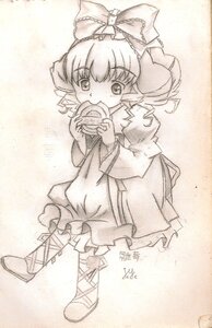 Rating: Safe Score: 0 Tags: 1girl bow dress eating food hinaichigo image long_sleeves looking_at_viewer monochrome ribbon solo traditional_media User: admin