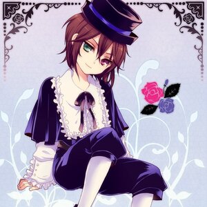 Rating: Safe Score: 0 Tags: 1boy brown_hair butterfly flower frills green_eyes hat heterochromia image long_sleeves pants purple_rose red_eyes ribbon rose sitting smile solo souseiseki top_hat User: admin