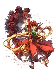 Rating: Safe Score: 0 Tags: 1girl blonde_hair blue_eyes bonnet bow bowtie dress drill_hair flower full_body green_bow image long_hair long_sleeves petals pink_rose red_flower red_rose rose rose_petals shinku shoes solo twintails very_long_hair User: admin