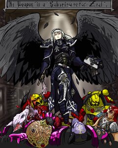 Rating: Safe Score: 0 Tags: angel_wings armor black_wings feathered_wings feathers gloves gun halo image red_eyes skull solo suigintou weapon white_hair wings User: admin