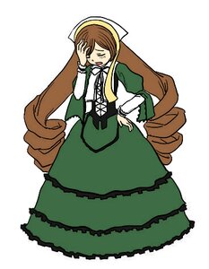 Rating: Safe Score: 0 Tags: 1girl brown_hair closed_eyes dress drill_hair frills full_body green_dress head_scarf image long_hair long_sleeves simple_background solo suiseiseki twin_drills very_long_hair white_background User: admin