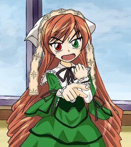 Rating: Safe Score: 0 Tags: 1girl brown_hair dress frills green_dress green_eyes heterochromia image long_hair long_sleeves looking_at_viewer open_mouth red_eyes ribbon solo standing suiseiseki very_long_hair User: admin