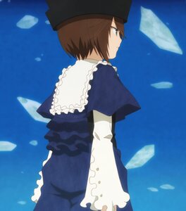 Rating: Safe Score: 0 Tags: 1girl blue_background blue_dress blue_eyes blue_headwear brown_hair capelet dress frills hat image long_sleeves profile short_hair sky solo souseiseki User: admin