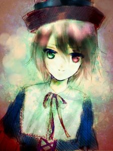 Rating: Safe Score: 0 Tags: 1girl closed_mouth green_dress hat heterochromia image looking_at_viewer red_eyes ribbon short_hair smile solo souseiseki upper_body User: admin