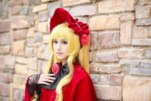 Rating: Safe Score: 0 Tags: 1girl blonde_hair blue_eyes blurry blurry_background bonnet building city depth_of_field dress flower hat lips long_hair outdoors photo photo_background red_capelet red_dress rose shinku solo upper_body User: admin
