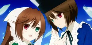 Rating: Safe Score: 0 Tags: blush brown_hair heterochromia image looking_at_viewer multiple_girls open_mouth pair red_eyes ribbon short_hair siblings sisters souseiseki suiseiseki twins User: admin