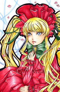 Rating: Safe Score: 0 Tags: 1girl blonde_hair blue_eyes bonnet bow bowtie dress flower green_bow green_neckwear heart image long_hair looking_at_viewer petals red_capelet red_dress ring rose_petals shinku sitting solo twintails very_long_hair User: admin