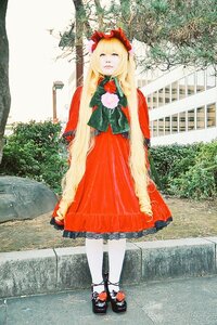 Rating: Safe Score: 0 Tags: 1girl blonde_hair bonnet bow closed_eyes dress flower long_hair mary_janes outdoors pantyhose red_dress shinku shoes solo standing traditional_media white_legwear User: admin