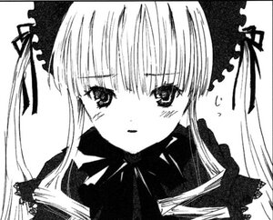 Rating: Safe Score: 0 Tags: 1girl bangs blush dress greyscale image long_hair looking_at_viewer monochrome ribbon shinku simple_background solo twintails upper_body white_background User: admin