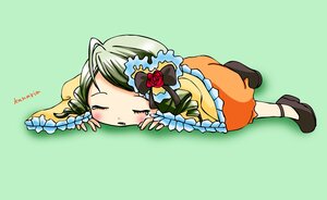 Rating: Safe Score: 0 Tags: 1girl blush chibi closed_eyes dress flower frills full_body green_background green_hair hair_ornament image kanaria lying on_stomach ribbon rose simple_background solo User: admin