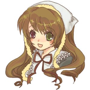 Rating: Safe Score: 0 Tags: 1girl :d blush brown_hair dress frills green_eyes head_scarf heterochromia image long_hair looking_at_viewer open_mouth ribbon simple_background smile solo suiseiseki upper_body white_background User: admin