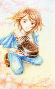Rating: Safe Score: 0 Tags: 1boy brown_hair green_eyes hat hat_removed headwear_removed holding holding_clothes holding_hat image long_sleeves looking_at_viewer pants ribbon short_hair sitting smile solo souseiseki traditional_media watercolor_(medium) User: admin