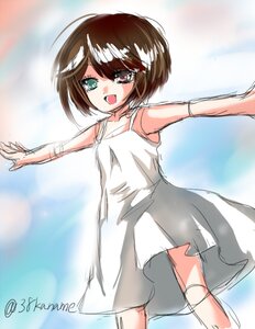 Rating: Safe Score: 0 Tags: 1girl :d auto_tagged brown_hair dress image looking_at_viewer open_mouth outstretched_arms short_hair sketch sleeveless_dress smile solo souseiseki spread_arms sundress white_dress User: admin