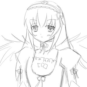 Rating: Safe Score: 0 Tags: 1girl akemi_homura blush choker closed_mouth dress eyebrows_visible_through_hair feathered_wings greyscale hairband image long_hair looking_at_viewer monochrome simple_background sketch smile solo suigintou upper_body white_background wings User: admin