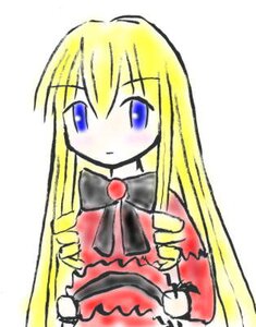 Rating: Safe Score: 0 Tags: 1girl blonde_hair blue_eyes blush bow bowtie dress drill_hair gem image long_hair long_sleeves looking_at_viewer shinku simple_background solo upper_body very_long_hair white_background User: admin