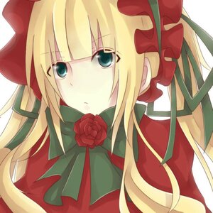 Rating: Safe Score: 0 Tags: 1girl blonde_hair blue_eyes bow flower hat image long_hair looking_at_viewer red_flower red_rose ribbon rose shinku simple_background solo upper_body white_background User: admin