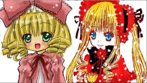 Rating: Safe Score: 0 Tags: 1girl :d blonde_hair blush bow drill_hair hinaichigo image long_hair long_sleeves looking_at_viewer open_mouth pair pink_bow shinku simple_background smile white_background User: admin