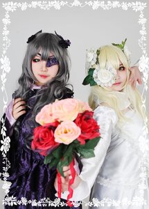 Rating: Safe Score: 0 Tags: 2girls black_hair blonde_hair bouquet dress eyepatch flower green_eyes hair_ornament lips long_hair makeup multiple_cosplay multiple_girls rose tagme white_flower white_rose User: admin