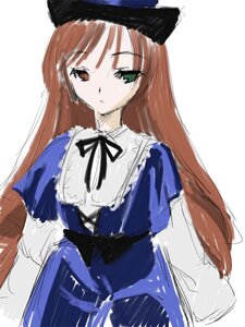 Rating: Safe Score: 0 Tags: 1girl auto_tagged bangs black_ribbon blue_dress brown_hair costume_switch dress green_eyes image long_hair long_sleeves looking_at_viewer simple_background sketch solo upper_body very_long_hair white_background User: admin