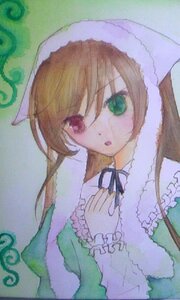 Rating: Safe Score: 0 Tags: 1girl black_ribbon brown_hair dress frills green_dress green_eyes heterochromia image long_hair long_sleeves looking_at_viewer neck_ribbon red_eyes ribbon simple_background solo suiseiseki traditional_media upper_body User: admin