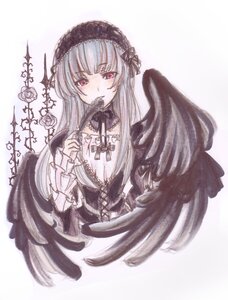 Rating: Safe Score: 0 Tags: 1girl black_wings blush bow detached_collar dress feathered_wings feathers flower frills hairband image long_hair long_sleeves looking_at_viewer pink_eyes rose silver_hair solo striped suigintou very_long_hair white_background wings User: admin