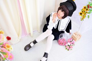 Rating: Safe Score: 0 Tags: 1girl bangs black_footwear blue_eyes bouquet brown_hair curtains flower hat lips long_sleeves looking_at_viewer red_flower rose shoes short_hair sitting solo souseiseki striped vertical_stripes white_legwear User: admin