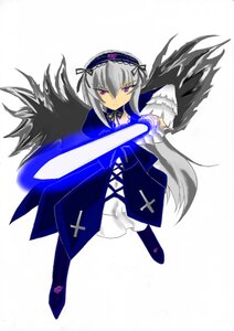 Rating: Safe Score: 0 Tags: 1girl black_wings dress feathered_wings feathers flower frills full_body hairband image long_hair long_sleeves looking_at_viewer pink_eyes ribbon rose simple_background solo suigintou weapon white_background wings User: admin