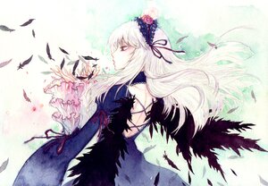 Rating: Safe Score: 0 Tags: 1girl black_wings dress feathers flower frills hairband image long_hair long_sleeves profile ribbon rose silver_hair solo suigintou wings User: admin