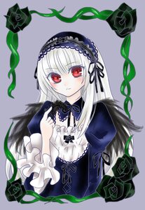 Rating: Safe Score: 0 Tags: 1girl black_ribbon cross-laced_clothes dress flower frills grey_background hairband image lolita_fashion long_hair long_sleeves looking_at_viewer plant puffy_sleeves red_eyes ribbon rose silver_hair simple_background solo suigintou thorns upper_body vines User: admin
