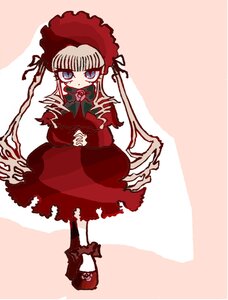 Rating: Safe Score: 0 Tags: 1girl blonde_hair blue_eyes bonnet bow bowtie dress flower full_body image long_hair long_sleeves looking_at_viewer red_dress rose shinku solo standing twintails User: admin