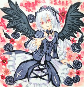 Rating: Safe Score: 0 Tags: 1girl black_wings dress feathers flower frills gothic_lolita hairband image lolita_fashion long_hair looking_at_viewer pink_flower purple_rose red_eyes red_flower rose silver_hair solo suigintou traditional_media wings User: admin