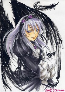Rating: Safe Score: 0 Tags: 1girl black_dress black_wings commentary_request dress feathers flower frills gothic_lolita grey_hair image lolita_fashion long_hair long_sleeves looking_at_viewer maon marker_(medium) puffy_sleeves purple_eyes ribbon rose rozen_maiden signature silver_hair solo suigintou traditional_media very_long_hair wings User: admin