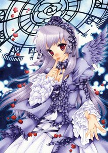 Rating: Safe Score: 0 Tags: 1girl dress finger_to_mouth flower frilled_sleeves frills hairband image lolita_fashion long_hair long_sleeves looking_at_viewer marker_(medium) petals red_eyes ribbon rose rose_petals solo suigintou traditional_media wings User: admin