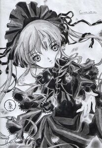 Rating: Safe Score: 0 Tags: 1girl dress frills greyscale hair_ribbon image jewelry long_hair long_sleeves looking_at_viewer monochrome parted_lips ribbon shinku solo twintails User: admin